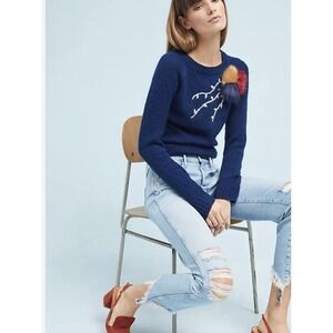 Anthropologie‎ Field Flower Women's Evie Blue Chenille Applique Sweater Size XL